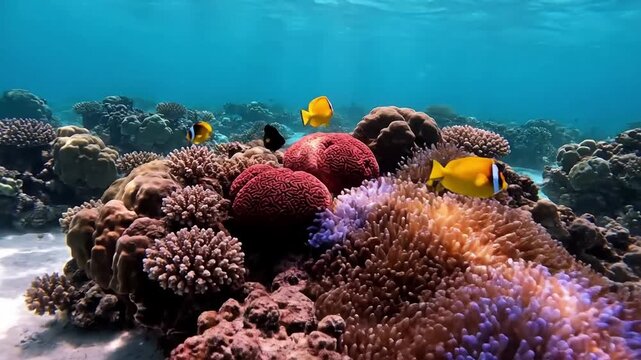 Sunlight rays piercing the turquoise depths, dappling across a pristine coral landscape, creating ethereal light patterns and illuminating the underwater world's serenity.