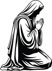 Black and White Vector Silhouette of a Person Kneeling in Prayer, Representing Faith, Spirituality, Worship, and Religious Devotion.