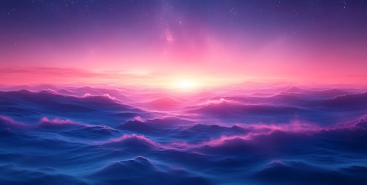 Ethereal pink and purple clouds over a glowing ocean at sunrise sunset