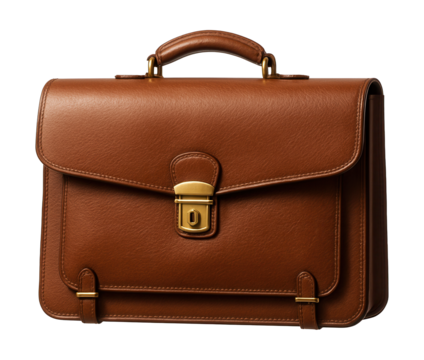 Dark tan leather briefcase with front flap and brass accents.
