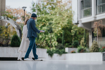 Two adults walk side by side through a modern city plaza. One wears a wool coat and beanie while the other carries a book, suggesting a casual, relaxed moment in an outdoor public space.