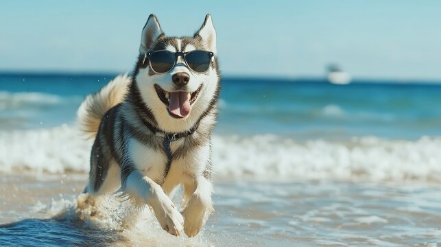 Happy husky running on the beach wearing sunglasses under clear blue skies - Powered by Adobe