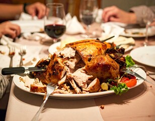 A beautifully roasted whole chicken or turkey being carved at a festive dinner table surrounded by