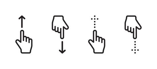 Swipe and scroll gesture icons set with hand pointer and directional arrows