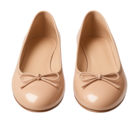 Nude patent leather ballet flats with rounded toe and bow accent.
