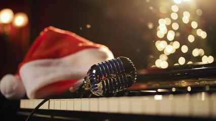 Cinematic Close Up of Vintage Microphone and Santa Hat on Piano Keys - Powered by Adobe