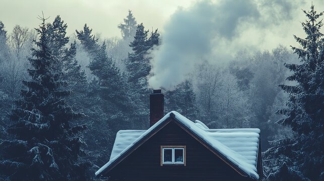 Cozy cabin in the snowy forest with smoke rising from the chimney on a chilly winter morning