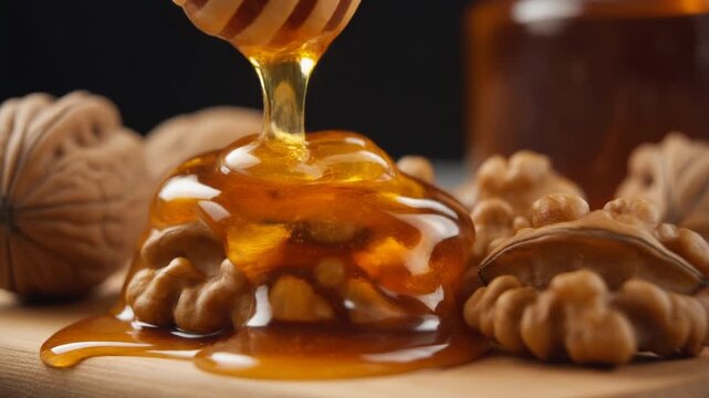 Close-up of walnut kernels and golden honey on a wooden cutting board.