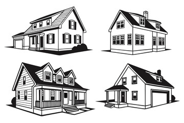Collection of house vector black and white isolated on white background