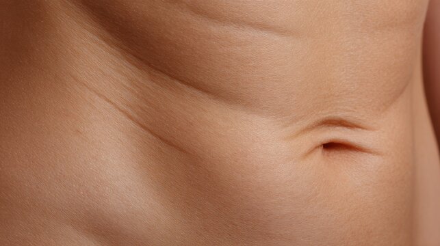 Abdomen Illuminated by Strong Side Light Showcasing Skin Texture and Natural Crease Folds During an Afternoon Close-Up Session