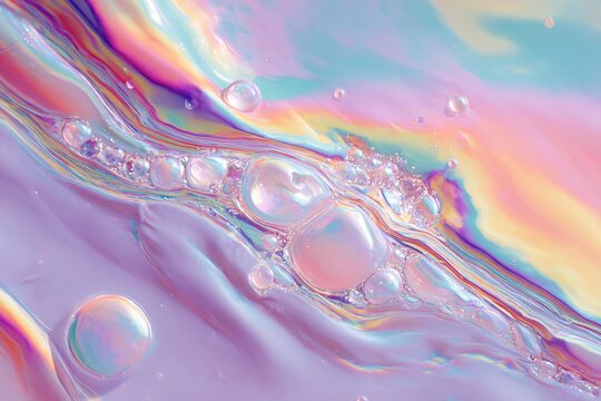 Abstract close-up, iridescent liquid surface with bubbles, swirling colors and reflections - Powered by Adobe
