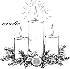 Black line illustration of three lit candles with pine branches, holly leaves, ornament, and “candle” text