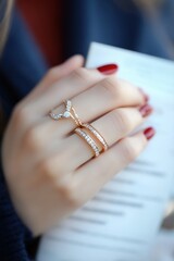 Obraz premium A woman's hand adorned with elegant gold rings featuring sparkling diamonds