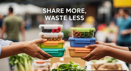 Hands Sharing Reusable Food Containers at Community Market for Sustainability Blogs, Waste Reduction Websites, Eco-friendly Initiatives, and Food Sharing Awareness
