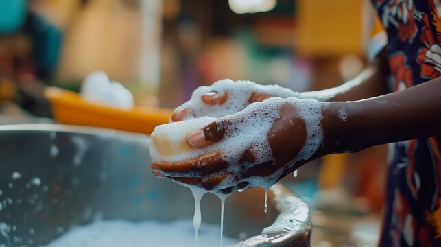 Hands washing a soapy bar of soap in a communal washing area in a bustling market setting during the day