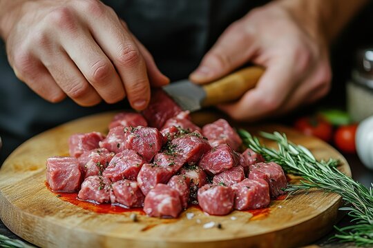 A chef expertly prepares seasoned lamb cubes for cooking, using a knife on a wooden board, showcasing culinary expertise and preparation