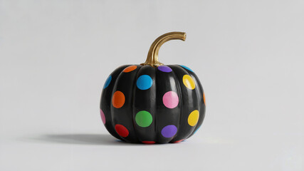 Colorful polka-dotted black pumpkin on white background