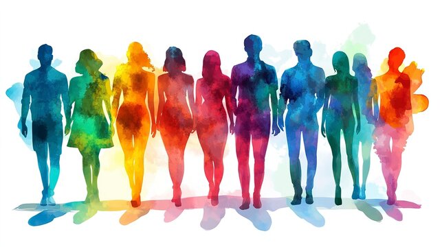 Colorful silhouettes of diverse individuals standing together in unity outdoors during a sunny day, representing harmony and connection among people