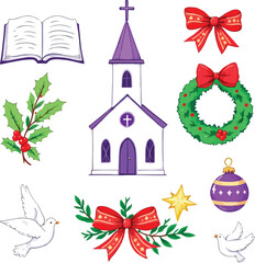 Christmas church illustration with wreath, doves, holly, star, ornament, ribbon, and festive elements