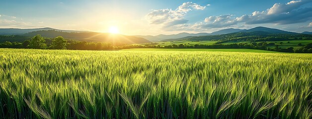 Golden sunset over a vast green field of wheat or barley sunrise golden hour