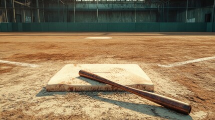 Baseball bat resting on home plate on a dusty baseball field during the day