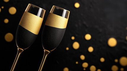 Luxury celebration background with two elegant black and gold champagne glasses. Festive illustration for New Year or anniversary toast with golden bokeh.