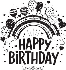 Black line “HAPPY BIRTHDAY” illustration with rainbow, balloons, hearts, and festive decorative elements