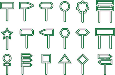 Road Sign Black and green Line Style Icon Set Collection Group with Various Blank Direction Board Shapes and Synonym Design Elements for Navigation, Guidance, Street Signal Vector
