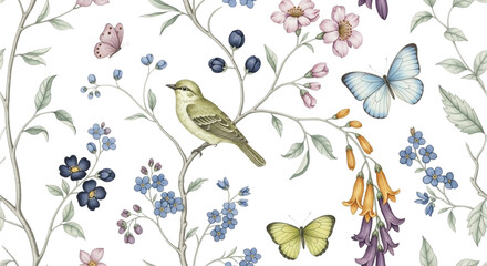 Fototapeta premium Watercolor illustration of a small green bird perched on a flowering branch with blue and pink blossoms, surrounded by butterflies and berries on a transparent background, isolated on transparent back