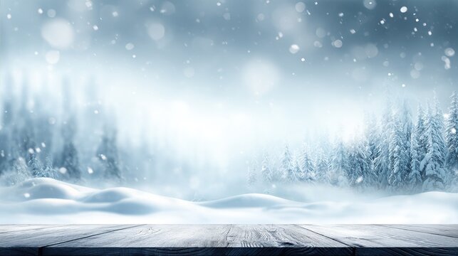Snowy winter landscape background with soft bokeh, a serene and elegant snowy scene designed as a versatile template for product presentations and seasonal showcases.