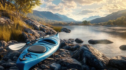 A vibrant blue kayak rests on a rocky shore beside a calm lake, with majestic mountains in the background
