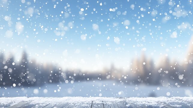 Snowy winter landscape background with soft bokeh, a serene and elegant snowy scene designed as a versatile template for product presentations and seasonal showcases.