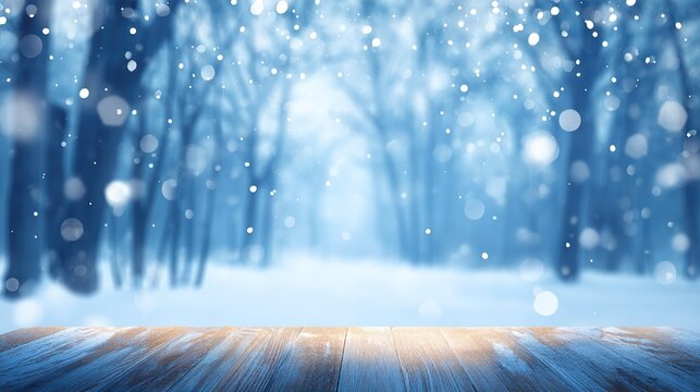 Snowy winter landscape background with soft bokeh, a serene and elegant snowy scene designed as a versatile template for product presentations and seasonal showcases.