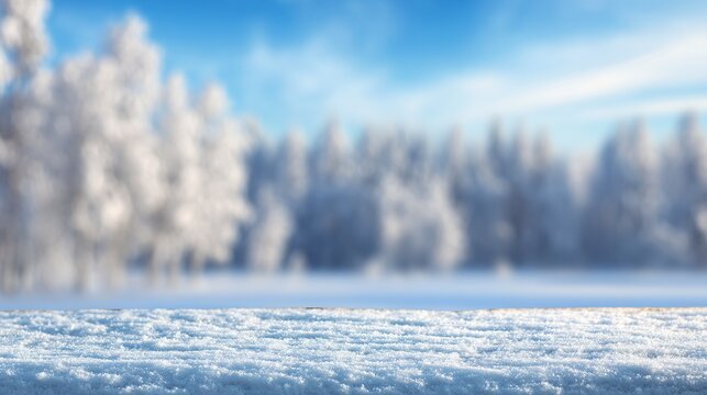 Snowy winter landscape background with soft bokeh, a serene and elegant snowy scene designed as a versatile template for product presentations and seasonal showcases.
