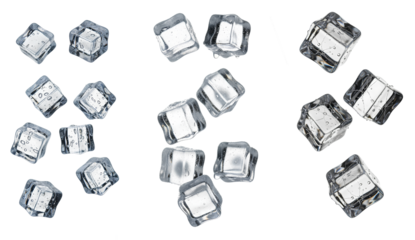 Falling Ice Cubes set PNG. Vertical shot of frozen water blocks tumbling down onto a white surface. Cold crystal clear chunks for summer drinks, cocktails, and refreshment advertising isolated