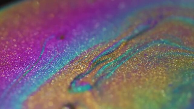 Macro perspective of vibrant cosmic liquid, exploring the micro details of a constantly evolving, colorful, and non representational substance. Provide an intimate view of the fluid's internal?