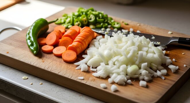 Freshly chopped vegetables including carrots onions and jalapeno on a wooden cutting board