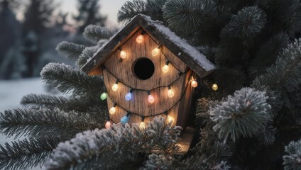 Birdhouse with Christmas Lights on a Snowy Pine Tree Branch.