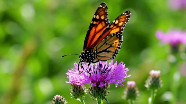 The mesmerizing slow motion flight of a blue morpho butterfly, its brilliant azure wings flashing as it glides through dappled forest sunlight. Dynamic motion, slow motion capture