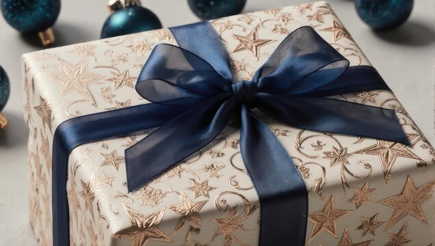 Elegantly wrapped gift box with a large dark blue ribbon and festive Christmas baubles. - Powered by Adobe