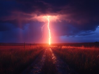 Lightning strike over a dirt road at sunset with stormy clouds thunder