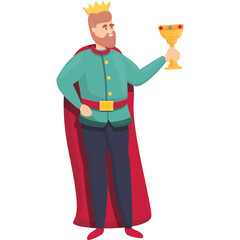 Cartoon King Wearing Royal Crown and Red Cape Holding Golden Chalice with Jewels A Symbol of Victory and Achievement Against a Transparent Background