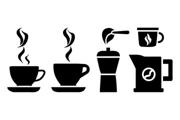 Set of black coffee icons including cups, moka pot, and kettle
