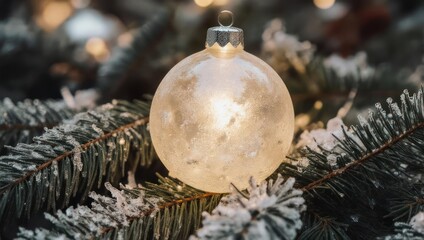 Elegant Christmas Ornament on Snowy Evergreen Branch.