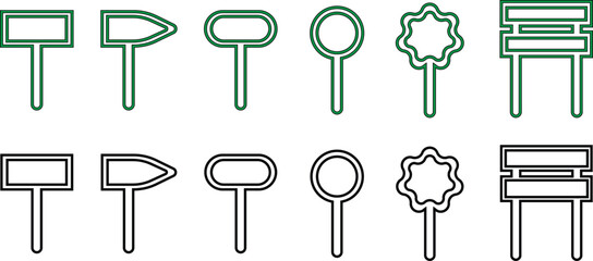 Road Sign Black and green Line Style Icon Set Collection Group with Various Blank Direction Board Shapes and Synonym Design Elements for Navigation, Guidance, Street Signal Vector