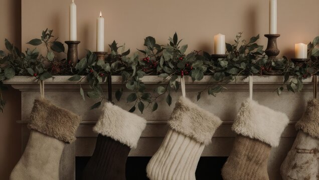 Festive Christmas Stockings Hanging on a Decorated Fireplace Mantle.