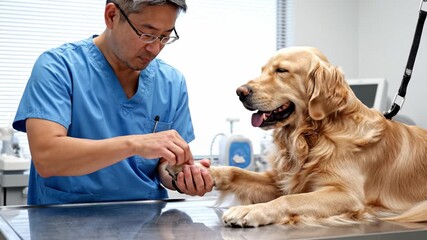 Asian male vet in blue scrubs checks golden retriever paw on metal table. Scene conveys professional care and trust. Ideal for veterinary clinic ads and pet health blogs.