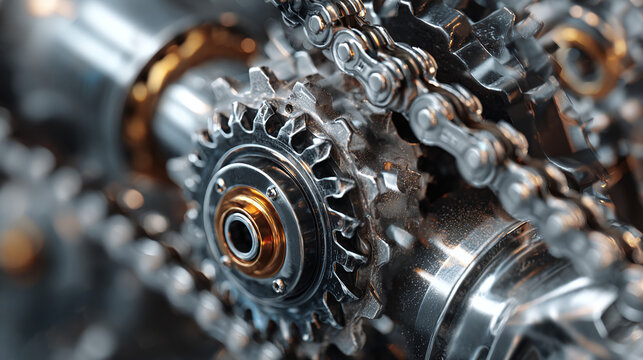 Close-up of intricate mechanical gears, showcasing precision and engineering prowess. The gears interlock seamlessly, suggesting movement and functionality