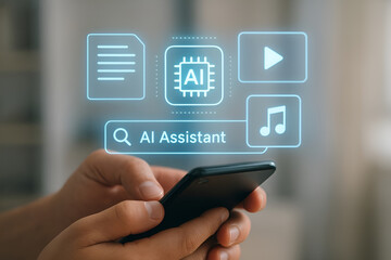 Using AI on Mobile: User Interacts with a Smartphone Displaying a Virtual Interface for AI Assistant, Data Processing, and Media Functions.