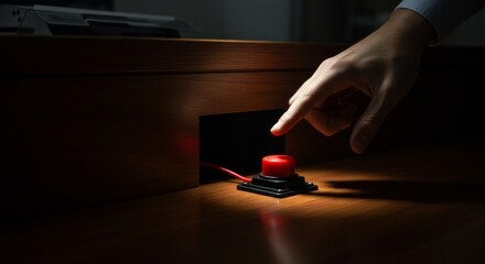 Man's hand about to press big red panic button on wooden desk, emergency alert concept
